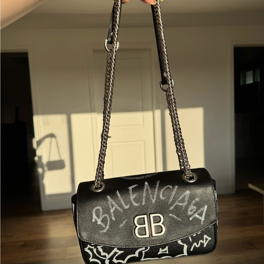 Balenciaga BB Black Graffiti Bag with Chain Strap